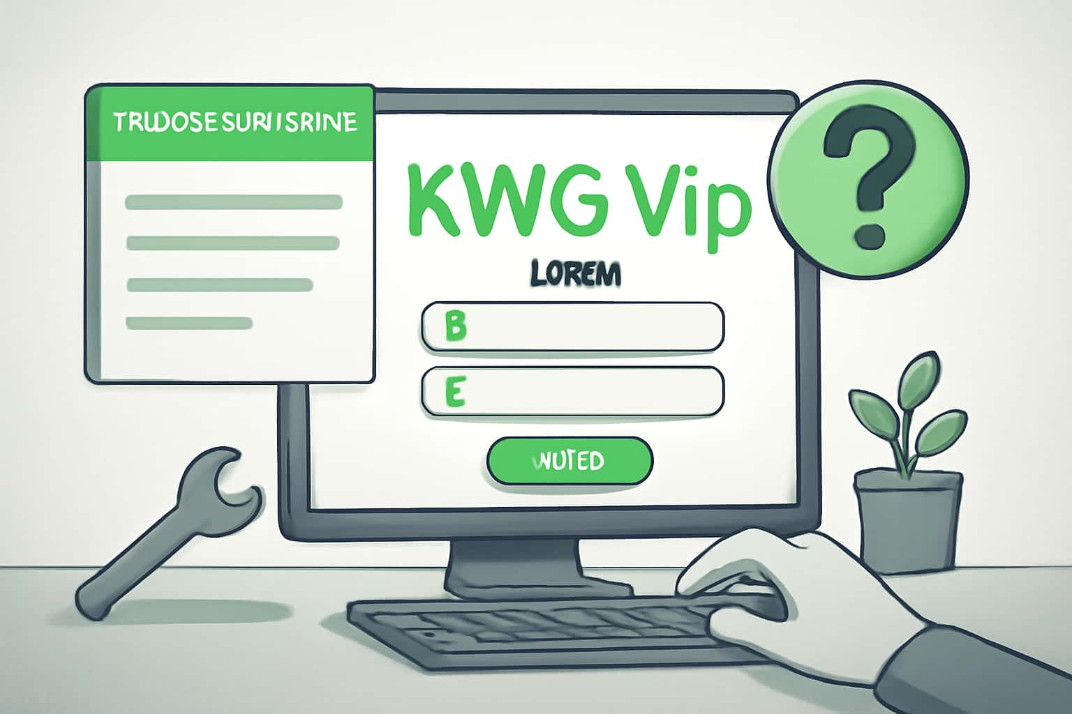 An illustrative scene depicting troubleshooting login for KWG Vip with relevant icons and text.